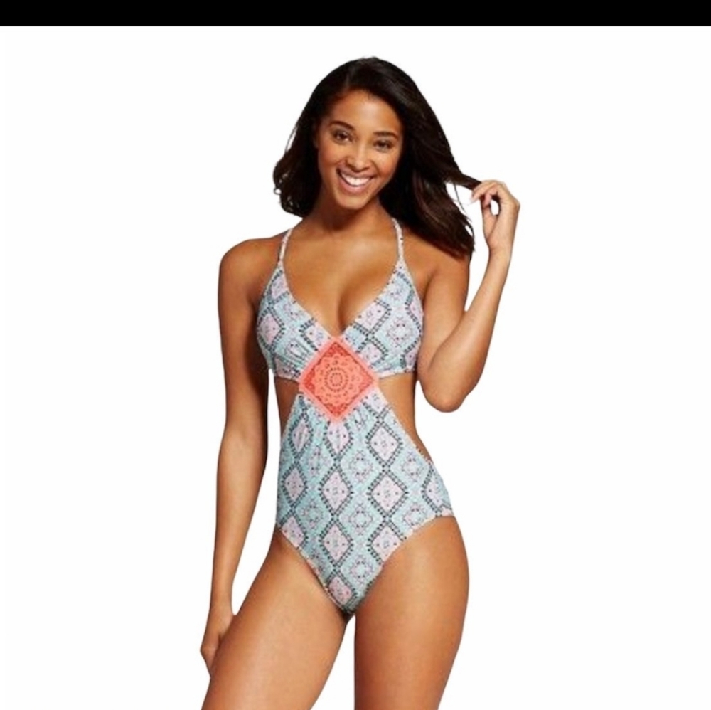 Xhilaration Monokoni Swimsuit Turquoise and Peach Medallion Pattern Sz Small - Picture 1 of 14